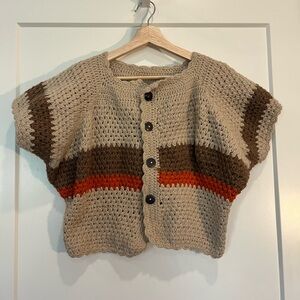 Hand crotchet square neck bat sleeve crop cottagecore boho cabincore cardigan L